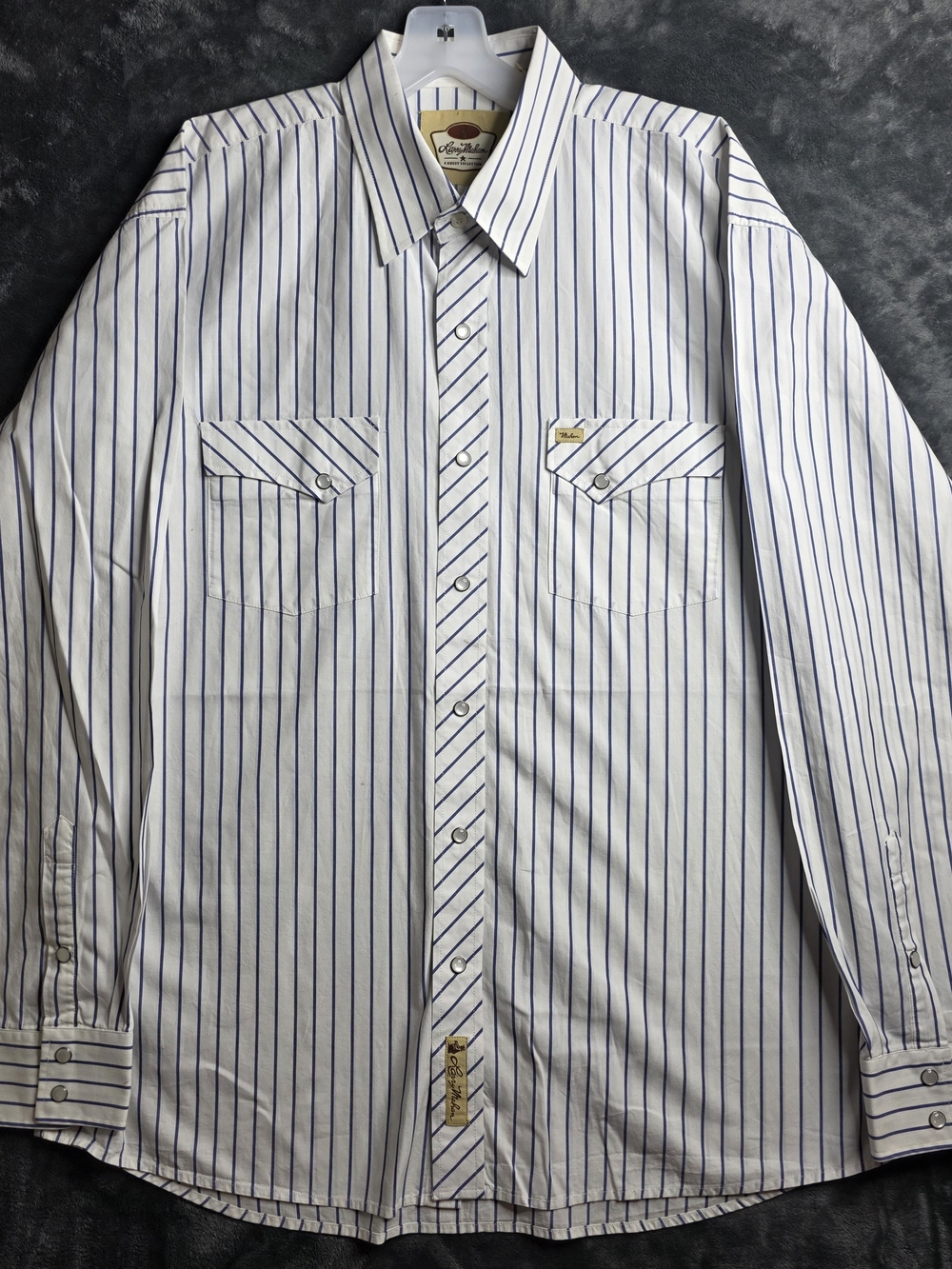 Larry Mahan White Shirt with Blue Stripes Pearl Snap Long Sleeve Shirt Sz XL